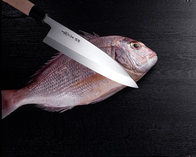 Mac Messer TO-Serie, Fischmesser, dicke, einseitig geschliffene Klinge mit japanischen Schriftzeichen, Holzgriff