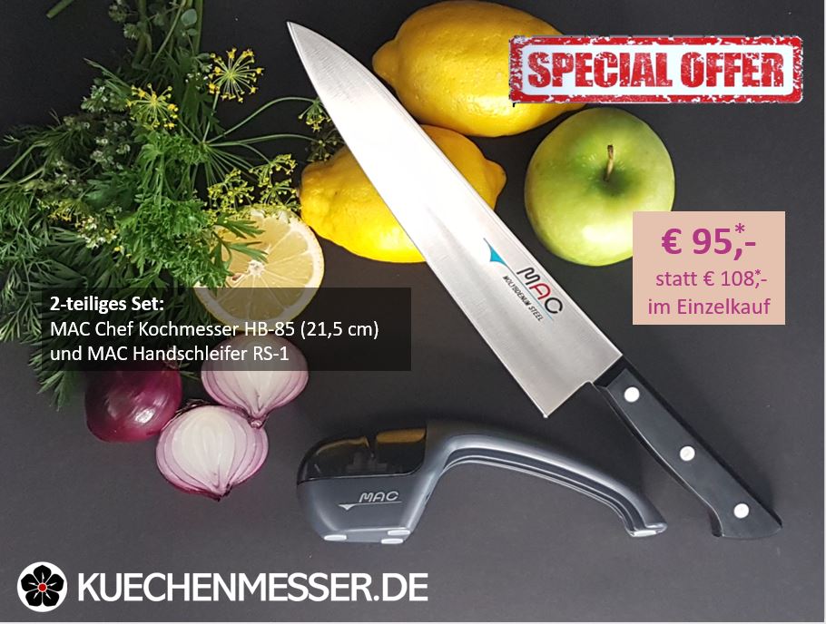 MAC Chef Kochmesser HB-85, 21,5 cm und MAC Handschleifer RS-1 zusammen im Set für nur 95 € statt 108 € im Einzelkauf