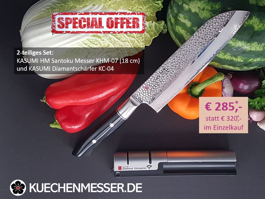 Kasumi HM Santokumesser KHM-07 18 cm und Kasumi Diamantschärfer KC-04 zusammen im Set als Special Offer, nur 285 € statt 320 € im Einzelkauf