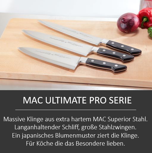 MAC Ultimate Pro Messer Serie, massive Klingen MAC Superior Stahl, japanisches Blumenmuster ziert die Klinge