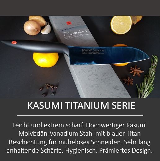 KASUMI Titanium Messer Serie, Japan, leicht und extrem scharf, Santoku Messer, blaue Klingen