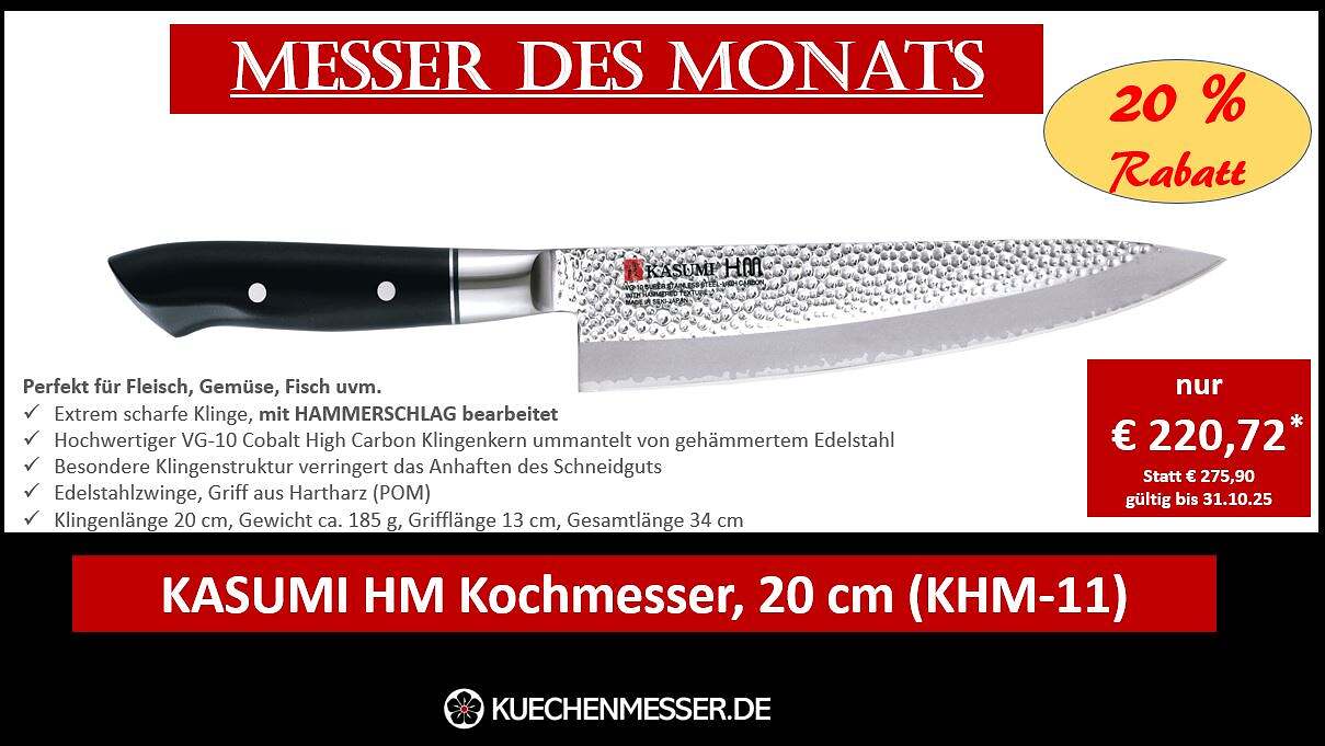 Kasumi Kochmesser 20 cm Hammerschlag Aktionspreis 20 % Rabatt Messer des Monats